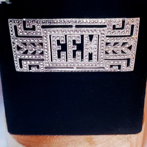 Vintage Art Deco EEM Monogram Style Sterling Silver Marcasite Brooch Pin - Picture 1 of 4